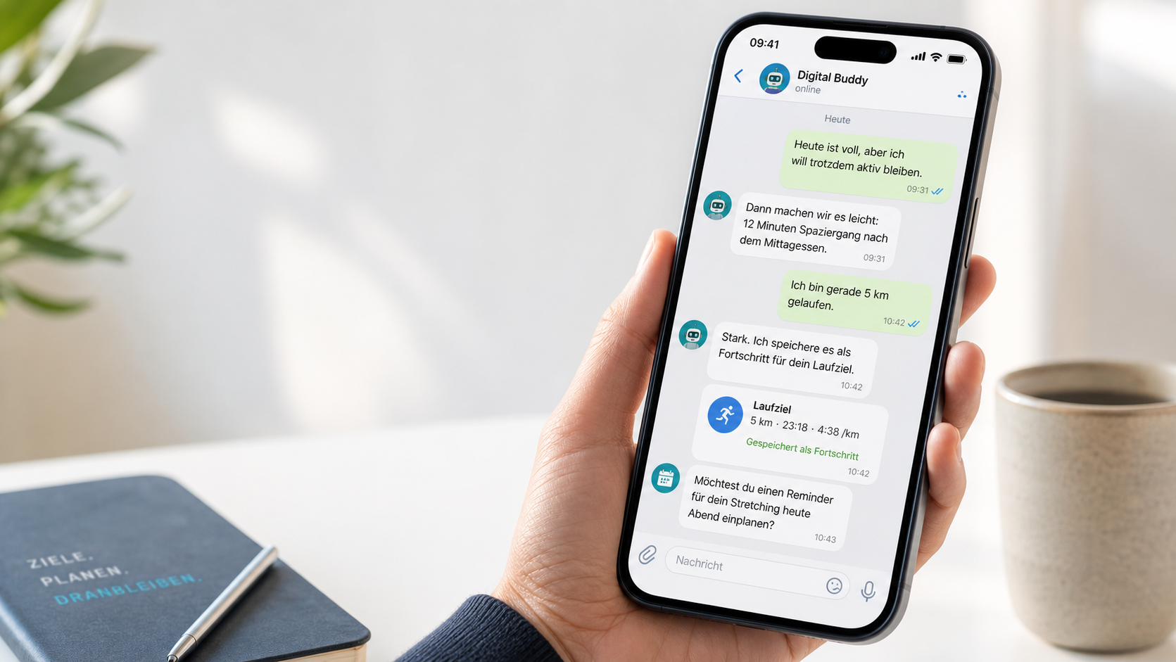 Smartphone mit einem Digital-Buddy-Chat über Bewegung, Ziele und Fortschritt
